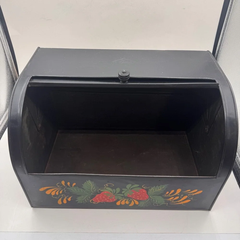 Nesco Metal Roll Top Bread Box Black Hand Toleware Painted Strawberry Floral USA
